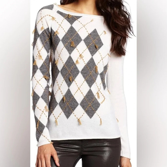 Minnie Rose 100% Cashmere Argyle Sweater Cream & Dobie Grey - Size Small - Picture 1 of 10